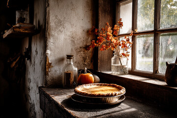 Pumpkin pie cooling on a rustic windowsill with autumn light and seasonal decor