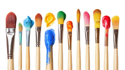 Assorted paintbrushes with vibrant paint colors against a stark on transparent background