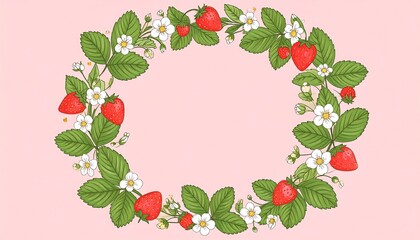 A circular floral wreath of ripe strawberries and blossoms