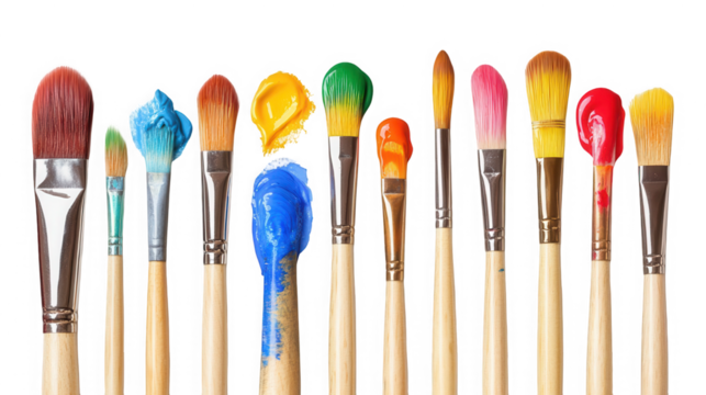 Assorted paintbrushes with vibrant paint colors against a stark on transparent background