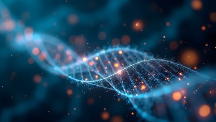 A digital representation of a DNA strand glows with a blue hue against a blurry background. Orange particles surround the double helix, adding vibrancy.