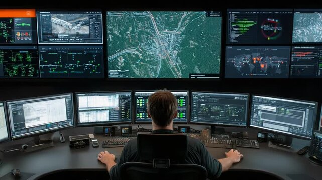 Advanced Control Room Featuring Multiple Monitors Displaying Real-Time Data in a High-Tech Environment with an Operator Analyzing Complex Information Systems