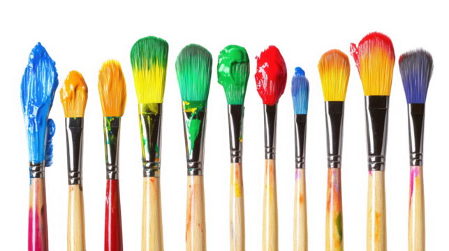 Row of colorful paintbrushes with vibrant paint against a stark on transparent background