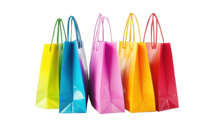 Colorful shopping bags arranged against a for retail promotions on transparent background