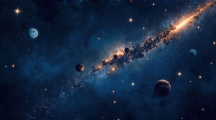 Vast Space Scene with Multiple Planets and Bright Galaxy in Deep Blue Night Sky