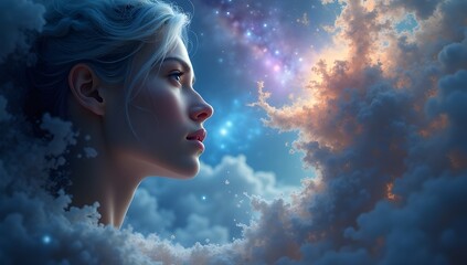 Dreamy Woman in Starry Clouds. A woman with ethereal features gazes into a dreamy cloudscape. The scene blends seamlessly with a sky full of stars, creating a surreal atmosphere.