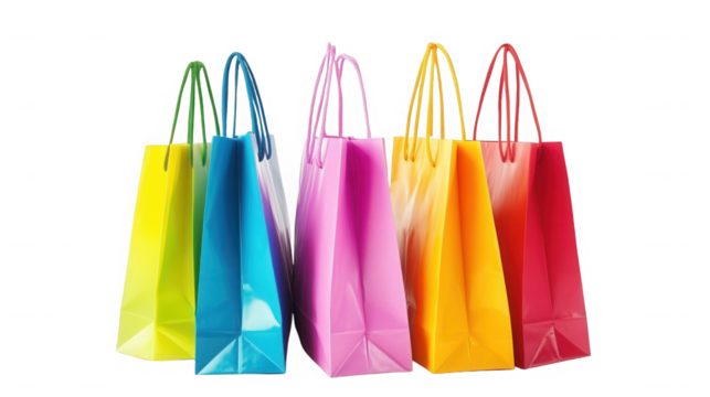 Colorful shopping bags arranged against a for retail promotions on transparent background