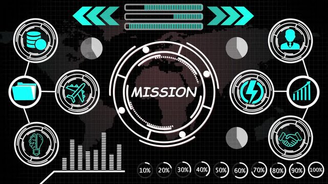 Mission Concept and Financial Success Vision on Virtual Digital Screen, Business Technology Network Strategy with Mission Possible Text, 3D Animation Rendering with World Map Background 4K Video