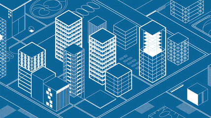 Fototapeta premium Modern architectural blueprint showcases sleek urban cityscape with towering skyscrapers and detailed building designs, perfect for development concepts.