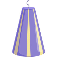 Purple and Yellow Striped Party Popper Shaped Like a Cone Hanging By A String Against A Transparent Background