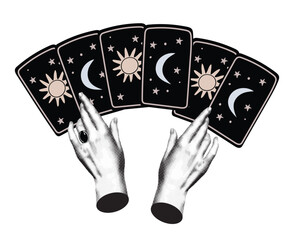 Hands holding Tarot cards with symbols of the Moon and Sun. Modern vector collage in halftone. Vintage engraving style. Concept of esotericism and fortune telling