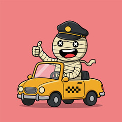 A fun vector cartoon illustration of a police car and a taxi driver with a police officer driving a vehicle on the road