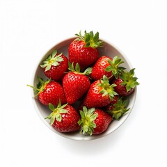 Bowl of fresh strawberries with leaves, isolated on white background.
