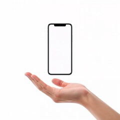 Smartphone with blank screen floating above hand, isolated on white background.