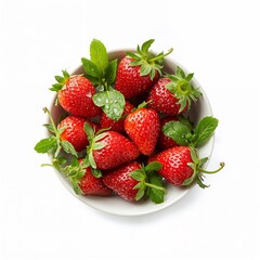 Bowl of fresh strawberries with leaves, isolated on white background.