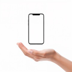 Smartphone with blank screen floating above hand, isolated on white background.