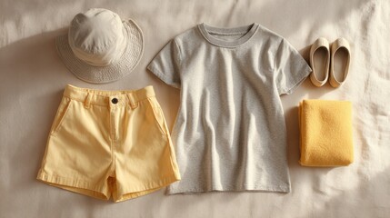 modern casual outfit flat lay, gray tee, pastel yellow shorts, and bucket hat, arranged symmetrically, soft studio lighting, warm cozy tones