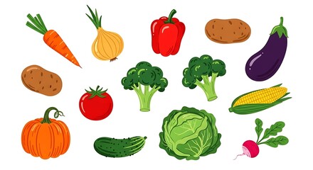 Assorted fresh vegetables including carrot onion pepper potato eggplant corn red pepper