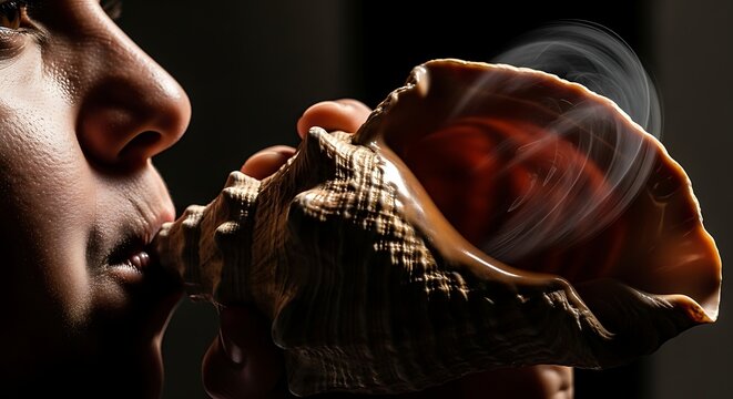 Close-up Profile of Person Listening to Ocean Sounds from a Large Conch Shell.