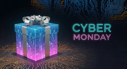 Cyber monday gift box with glowing circuit board background and neon text