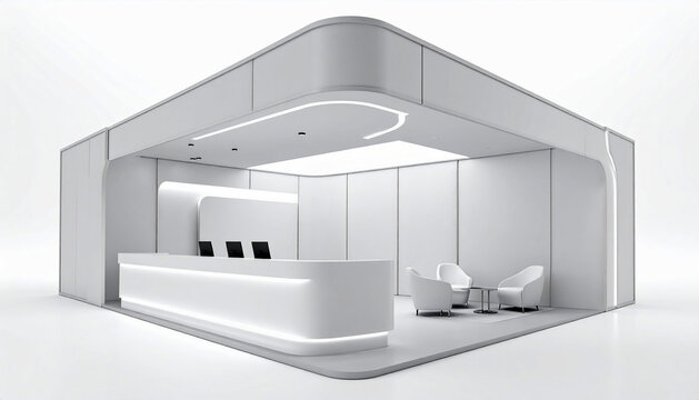 Modular exhibition trade show stand design with reception counter and seating area isolated on white background ready for branding. - Powered by Adobe