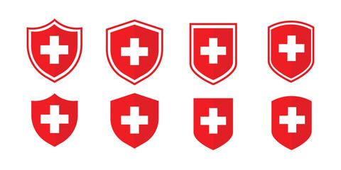 Medical shield, health protection icon set with shadow. Healthy badge sign symbol