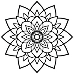 Intricate black and white mandala design with floral petals and geometric symmetry peaceful art