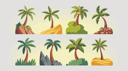 Fototapeta premium Vector art of collection of eight palm trees on sandy islands and rocks