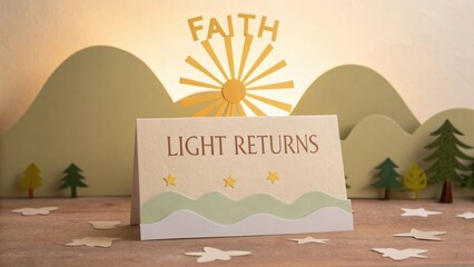 Joyful greeting card with faith theme and sun rising over green hills, symbolic of hope and renewal in nature's beauty