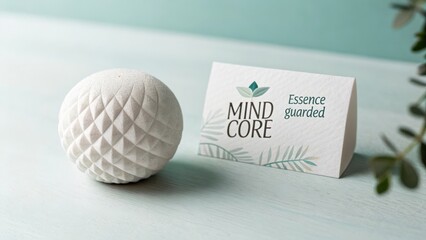 Minimalist Design Element with Wellness Card and Decorative Sphere on a Soft Green Surface for Relaxation and Mindfulness