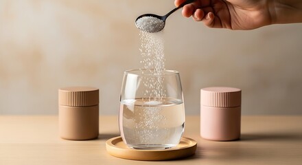 Hand pouring white granules from spoon into clear glass of water sugar