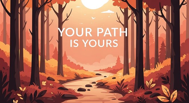 Motivational quote on a beautiful autumn forest path illustration.