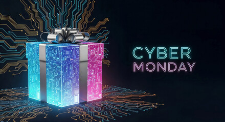 Cyber monday gift box with glowing lights and digital circuit background