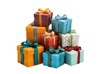 Colorful wrapped presents stacked high with ribbons gifts, Isolated, Png Transparent Background