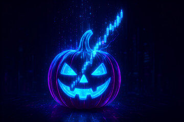 Spooky Season Stock Market: A vibrant, neon-lit jack-o'-lantern pulses with an electric energy.