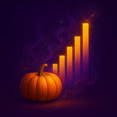 Halloween Season Growth: A radiant pumpkin beside a glowing bar chart, illustrating the rise in festive and market growth during the spooky season.