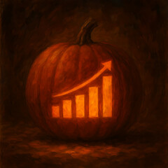 Growth Carved in Tradition: An illuminated pumpkin, intricately carved with a rising graph, merges the autumnal festivity with financial concepts, symbolizing growth and progress.