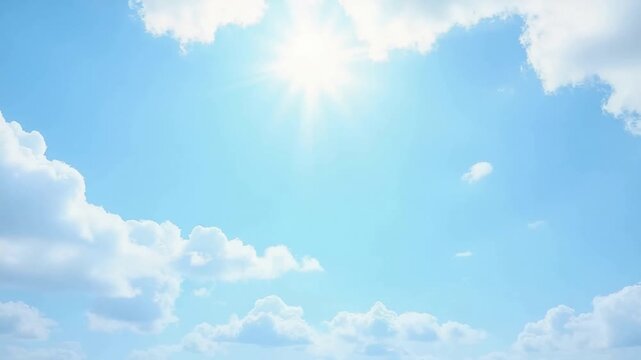 Sky Serenity: Witness the celestial symphony of nature, where radiant sunbeams dance through fluffy clouds against an endless azure canvas, evoking a sense of tranquility.