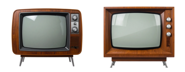 Vintage Brown Wooden Television Set, Front View, Isolated on Transparent Background