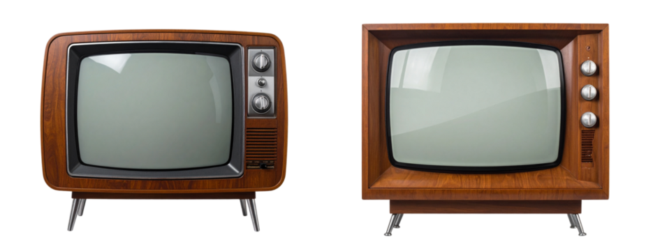 Vintage Brown Wooden Television Set, Front View, Isolated on Transparent Background