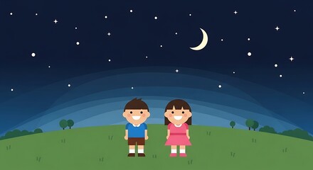 Naklejka premium Children under the starry night sky with crescent moon illustration.