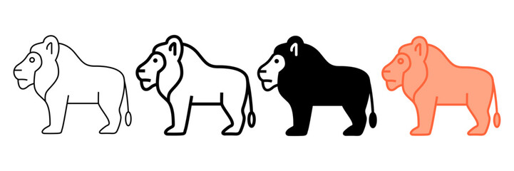 Set of diverse lion icons with transparent background, showcasing outline, bold, glyph, and flat styles for wildlife, safari, and animal themes, vector illustration