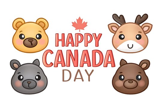 Cute cartoon animals celebrating happy canada day with maple leaf isolated on white background