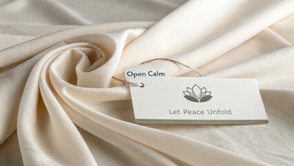 Soft beige fabric with calming message tag featuring a lotus symbol and inviting text for relaxation and mindfulness