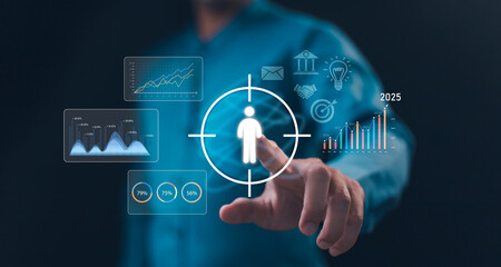 Strategic business planning and growth forecasting. Hand touches a digital screen focusing on the...