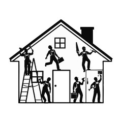 A silhouette illustration depicts various repairmen working inside a house, performing different home improvement tasks with tools.