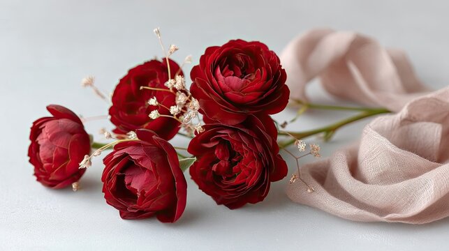 Deep Red Roses and Delicate Baby's Breath Arrangement with Soft Pink Ribbon on Textured Gray Background