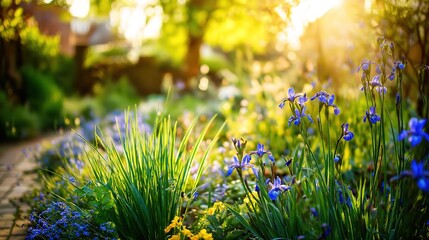 flowers. A vibrant garden blooms under golden sunlight, flowers and foliage glowing with natural radiance. gardening catalogs, home-decor guides, designed for home decor and floral branding.