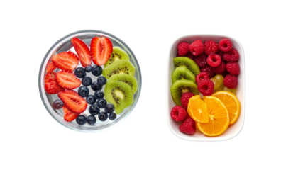 Bundle of glass of water with colorful fruit bowl isolated on transparent background