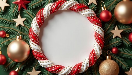 Christmas Holiday Round Frame Mockup Collection with Red and Green Festive Backgrounds, Golden Bokeh Lights, Pine Branches, Snow, Stars, Candy Canes, and Christmas Decorations, Blank Circular Space fo